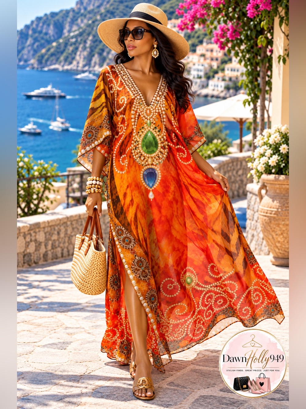 Vibrant Orange Printed Maxi Caftan Dress